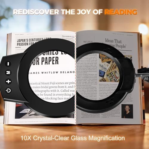 NOEVSBIG Magnifying Glass with Light 10X Desktop Lamp Close Work Up for Desk Crafting, Reading, Sewing, Panting, Soldering, Ultra 3-Section Swing Arm Design for Large Workbench, Hands Free Magnifier