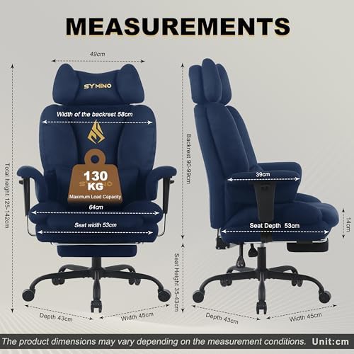 Symino Ergonomic Gaming Chair with Footrest – Office Gaming Chair Reclining 90-155° with Adjustable Armrests – Adults up to 130 kg