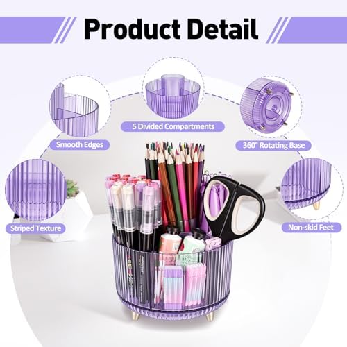 360 Rotating Pen Pencil Holder for Desk, Pen Organizer with 5 Slots