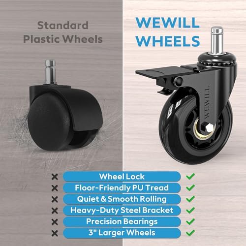 WEWILL Office Chair Wheels - Rubber Casters Replacement Universal Fit 98% Chair(Set of 5) Heavy Duty 3 Inch Smoothly & Quietly Safe for All Floor, Hardwood, Tile, Carpet, Noise Free - Glossy Black