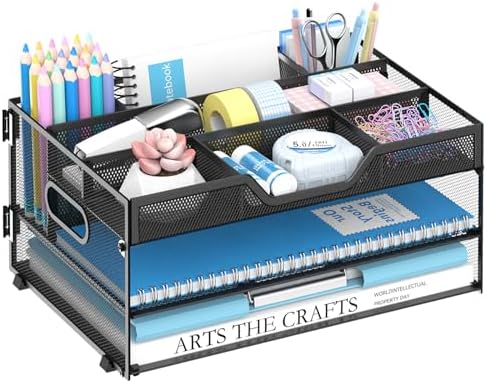 DALTACK 3 Tier Desk Organizer with Pen Holders and Paper Trays, Black