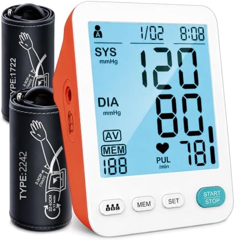 Orange Color Blood Pressure Monitor for Home Use 2CUFF M/L/XL Automatic Upper Arm BP Machine Adjustable Size Cuffs Large LCD Digital Display 3X199 Memory Fit Adult All Body Types,Orange