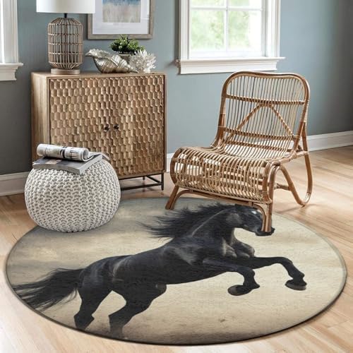 Soft Round Yoga Carpet, Large Home Decor Mat, Non Slip Machine Washable Kitchen Office Circle Rug Horse Black