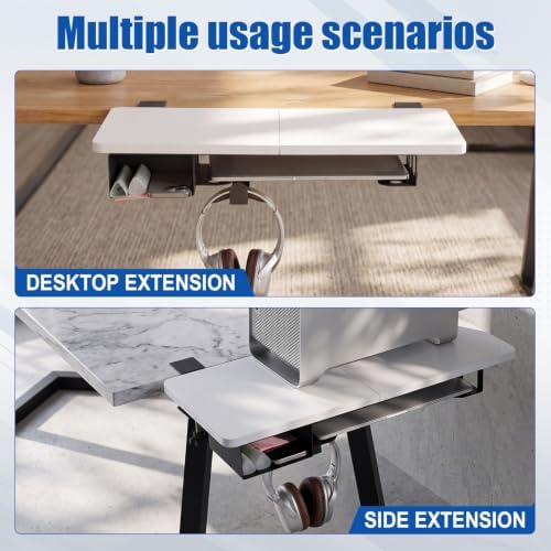 Novabright 24" x 12" Desk Extender Tray with Side Storage Rack Heavy Duty Desk Extender Under Desks Laptop Mount Keyboard Extenders for Desks with a Concealed Storage Area for Cable & Earphone (White)