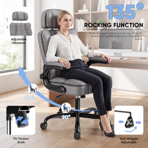 Kensaker Ergonomic Executive Office Chair with Adjustable Headrest & 90° Flip-Up Arms, High Back PU Leather Computer Desk Chair with 135° Rocking & Double Padding for Home Office Comfort, Gray
