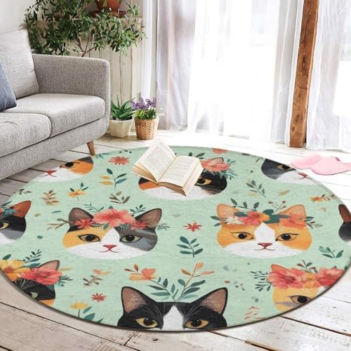 Large Home Decor Mat, Soft Round Yoga Carpet, Non Slip Machine Washable Kitchen Office Circle Rug Cute Cats