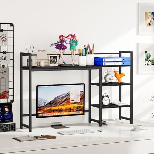 Snughome Desk Shelf, 44.9" Large Desktop Organizer Shelf, Desk Hutch for Monitor, 4 Tier Display Rack, Wooden Desktop Bookshelf Storage Rack for Home Office Dorm
