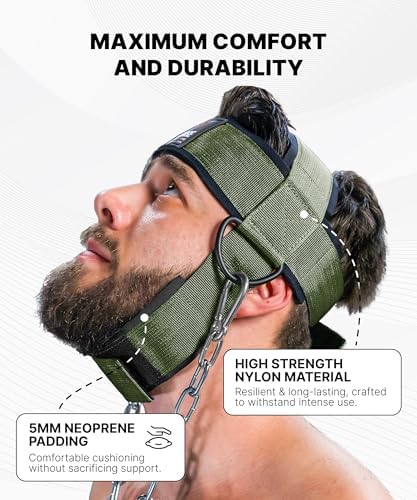 DMoose Fitness Neck Harness for Weight Lifting - Soft Padded Head & Chin Strap with 30" Heavy Duty Steel Chain - Neck Exerciser, Trainer & Strengthener to Support Injury Recovery and Intense Workouts