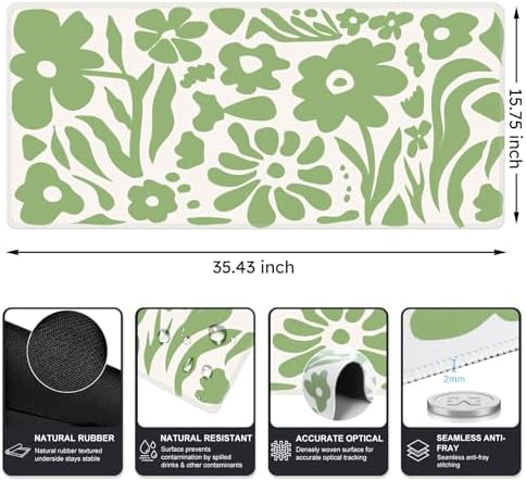 iCasso Desk Mat, Desk Matt for Desktop, Cute Desk Pad Mat, Green Flowers