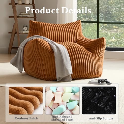 Giant Plush Bean Bag Chair for Adults with Armrests - Oversized Comfy Orange Beanbag Lounge Lazy Floor Sofa Accent Chair for Living Room, Bedroom & Dorm, Cozy Fluffy Single Cloud Mini Couch