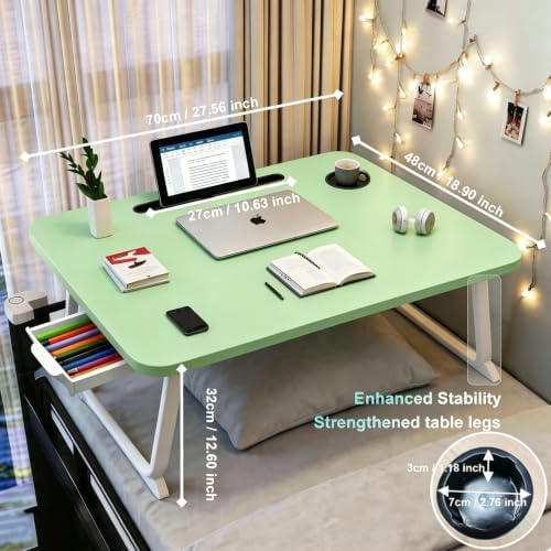 27.6" Home Office Folding Lap Desk with Drawer, Tablet Slot, Cup Holder - Fits up to 18 Inch Laptops, Bed Desk for Reading, Writing, Eating, Portable Laptop Table for Sofa, Coach, Floor (Green)
