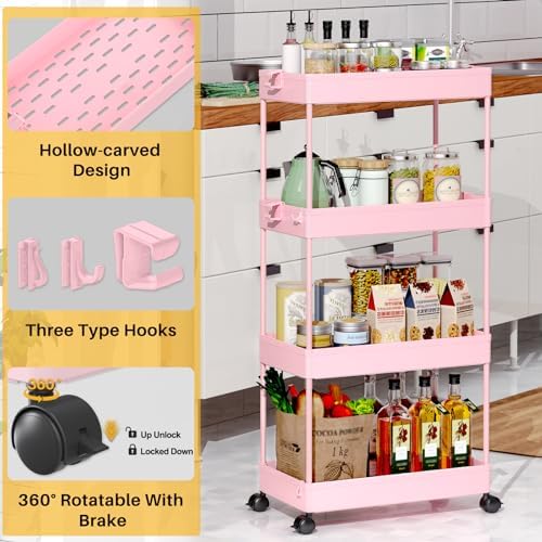 SPACELEAD 4 Tier Rolling Cart with Wheels, Storage Craft Art Trolley Organizer Serving, 3 Hanging Baskets Easy Assembly, for Office, Living Room, Kitchen