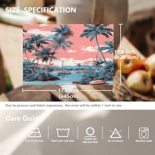Beach Vacation Seaside Relaxation Linen Placemats, Palm Lined Shore Nautical Charm Table Mats for Table Washable Heat Insulation Thick Dining Mat, Indoor/Outdoor 12X18 in 4 Pcs