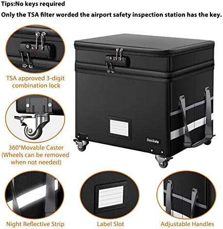 DocSafe Fireproof Document Box with Lock,2-Layer File Box with Wheels,Collapsible File Storage Organizer with Pockets,Large Portable Home Filing Cabinet for Hanging Folders,Black,16''x13.8''x12.2''