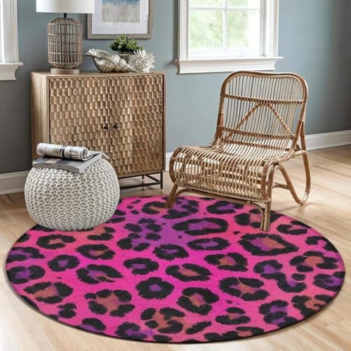 Room Sofa Yoga Soft Round Carpet, Home Decor Non Slip Kitchen Office Circle Rug, Machine Washable Modern Round Area Rug Hot Pink Tie Dye Leopard Cheetah Print