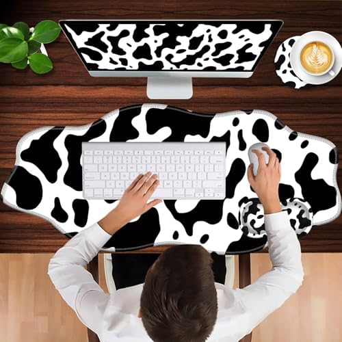 Mouse Pad with Wrist Support + Desk Mat + Coaster 3 in 1 Set, XXL Large Gaming Mousepad Ergonomic Mouse Pads for Desk Computer Laptop Office,Cute Cow Print