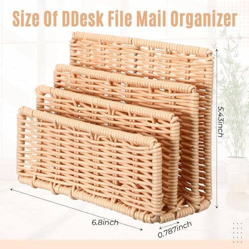 Small Rattan Mail Organizer for Desk Mail Holder Countertop with 3 Slot Rattan Letter Sorter File Holder Envelope Book Stand Farmhouse Office Desk Organizer and Storage Accessories