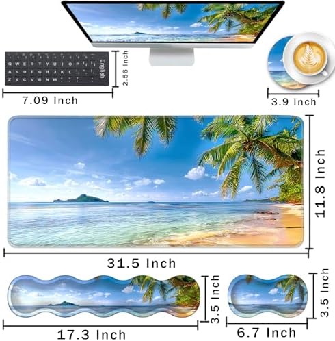 Keyboard Wrist Rest and Mouse Pad with Wrist Support Set Ergonomic Coaster,Memory Foam,Easy Typing Pain Relief,Large XL Desk Mat 31.5"x 11.8",Shore Palms Tropical Beach