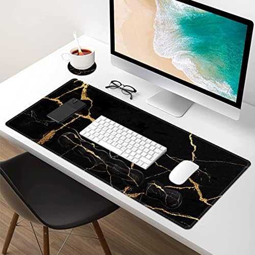iLeadon Pad Set, Large Gaming Mouse Pad + Keyboard Wrist Rest + Mouse Pad with Wrist Support + Coaster, Easy Typing Pain Relief, 35.4x15.7in Desk Mat for Home Office, Black Gold Marble