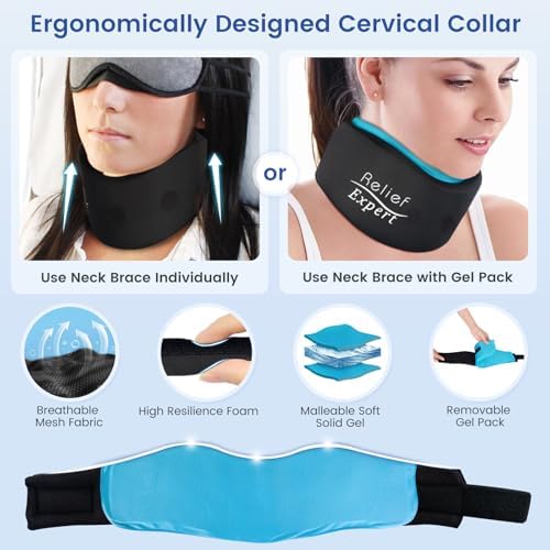 Soft Neck Brace with Hot and Cold Gel Pack – Adjustable Cervical Collar for Men & Women, Breathable Neck Support with Reusable Gel Ice Pack for Comfort at Home, Office & Travel, 2-Piece Set