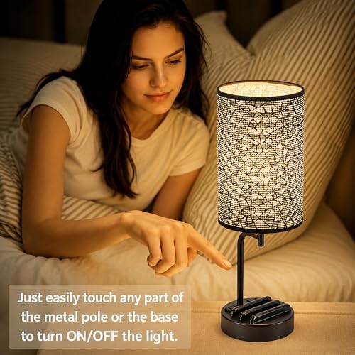 Dreamholder Touch Control USB Table Lamp with USB C/A & AC Outlet, 3-Way Dimmable Bedside Lamp, Modern Nightstand Lamps for Bedroom Living Room Guest Room Office, Bulb Included, Miracle Black