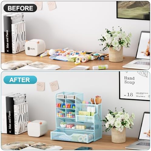 Marbrasse Mesh Pen Holder for Desk, Multi-Functional Pencil Organizer with Drawer, Desk Organizers and Accessories for Office Art Supplies (Blue)