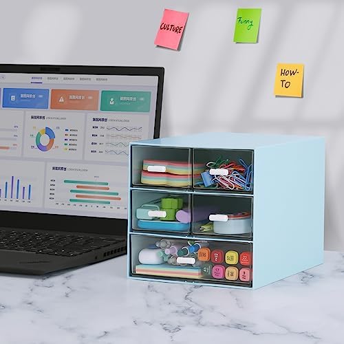 Desk Organizer with 5 Drawers, Rectangular Office Stationery Supplies Desktop Drawers, Plastic Makeup Storage, Suitable for Office, School, Home (Blue & 5 Drawers)