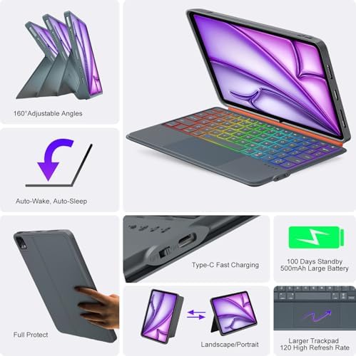 iPad Air 13 inch Case Keyboard (M4/M3/M2, 2026/2025/2024), Wireless Keyboard for Pro 12.9 6/5/4/3rd Gen, Magnetic Detachable with Trackpad, 7-Color Backlit, Landscape/Portrait, Adjustable Stand (Gray)