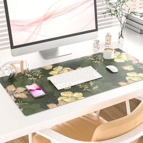Faux Leather Large Mouse Pad, Office Desk Mat, 31.5"x15.7", Bold Flowers