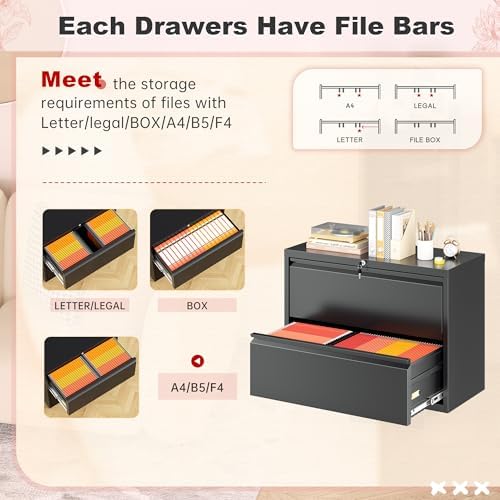 Superday Lateral File Cabinet 2 Drawer Metal File Cabinet with Lock, Black Filing Cabinets for Home Office, Locking Filing Cabinets Hanging Files Letter/Legal/F4/A4
