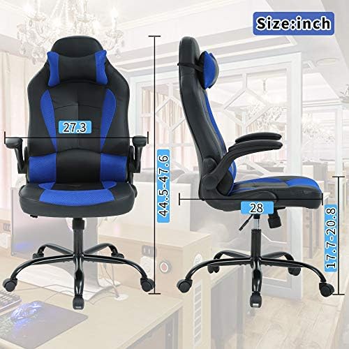 Blue Gaming Chair - Ergonomic High Back Office Desk Chair with Adjustable Lumbar Support, Flip-Up Arms & Headrest - PU Leather Computer Swivel Task Chair for Adults, Men & Women