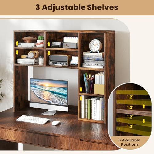 Giantex Desktop Bookshelf, Desk Hutch Dorm w/ 7 Cubes & 3 Adjustable Shelves, Desk Shelf for Up to 27" Computer Monitors, Wooden Desktop Storage Organizer for Dorm College Office Home, Rustic Brown