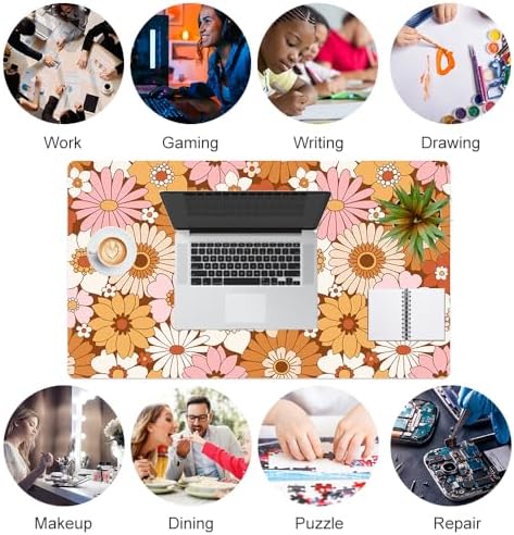 Faux Leather Large Mouse Pad, Office Desk Mat, 23.6"x13.8", Retro Flowers