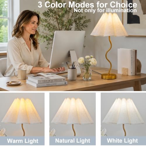 Gold Pleated Table Lamp, Modern Bedside Lamp with Wavy Scalloped Shade