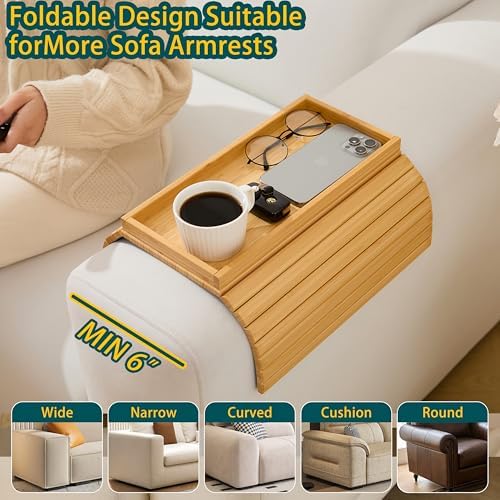 Bamboo Couch Arm Tray Table，Foldable Sofa Armrest Tray Table for Couch，Flexible and Anti-Slip Couch Arm Cup Holder，Portable Sofa Arm Chair Table for Drink,Cups, Eats，Snacks, Phone, Remote