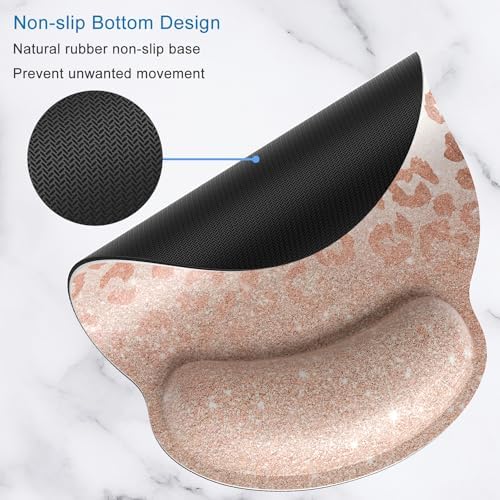 ITNRSIIET Ergonomic Mouse Pad with Wrist Support Wrist Rest Smooth Surface Non-Slip Rubber Base Comfortable Office Supplies Pain Relief, 9.8 x 9.1 inches, Rose Gold Leopard Print