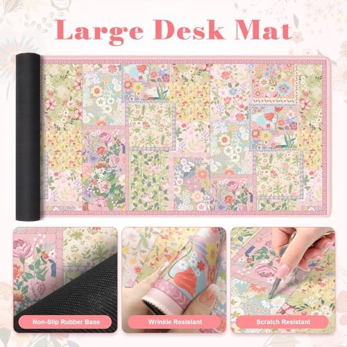 iLeadon Cute Floral Desk Mat Set, Non Slip Mouse Pad with Wrist Support