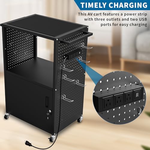 AV Presentation Media Cart Stand Up Desk with Storage Cabinet for Printer, Projector, Computers, TV, Rolling Storage Cart with Adjustable Shelves, Outlet and Cord for School Office Shop