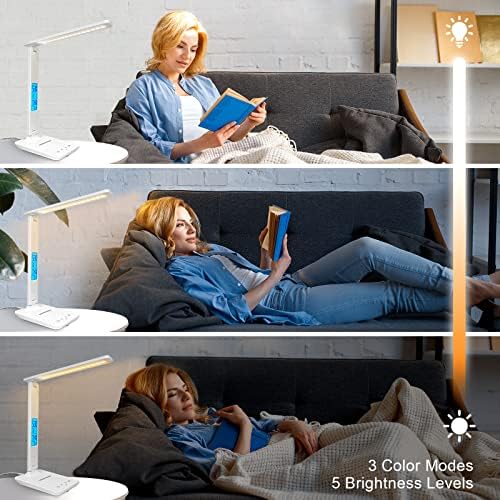 snsok Desk Lamp with Wireless Charger, USB Charging Port, Dimmable Office Desk Light with Clock, Alarm, Date, Temperature, Foldable Lamp for Table Bedroom Bedside Office (White)