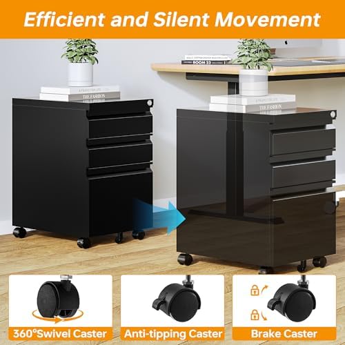 STANI 3 Drawer Mobile File Cabinet with Lock Rolling Mobile File Cabinet Locking Office Mobile Cabinet with Wheels Under Desk Office Drawers Metal Filing Cabinet Fully Assembled