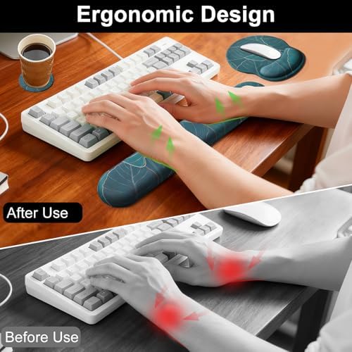 Keyboard Wrist Rest Mouse Pad with Wrist Support, Gaming Mousepad with Non-Slip Base, Ergonomic Mouse Wrist Arm Cushion Support for Home Office Laptop Computer, Easy Typing for Pain Relief, Leaf