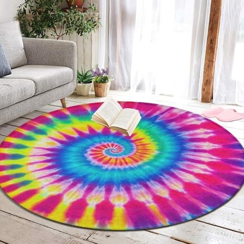 Fashion Round Area Rug Large Non Slip Carpet Unisex Home Decor Mat Red Blue Yellow Spiral Tie Dye Rainbow