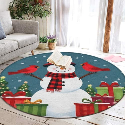 Soft Round Yoga Carpet, Office Chair Decor Round Mat for Carpet and Hardwood Floors Red Green Buffalo Plaid Snowflake Snowman Christmas