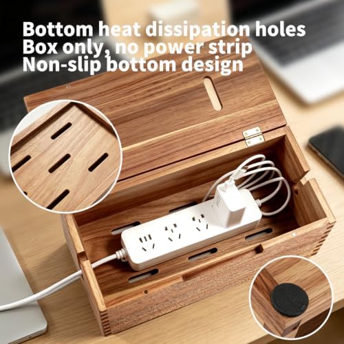 MINCORD Acacia Wood Cable Management Box - Cord Organizer & Power Strip Cover for Desk, TV Stand & Home Office, Wooden Electrical Cord Hider Box with Lid for Living Room, Bedroom & Gaming Setup