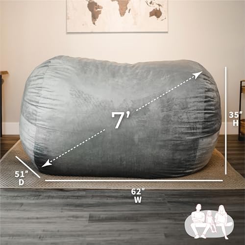 Big Joe Fuf 7Ft Giant Foam Bean Bag Chair, Oversized Couch with Removable Cover for Kids, Teens, Adults, Gray Plush, Soft Polyester, 7 Foot