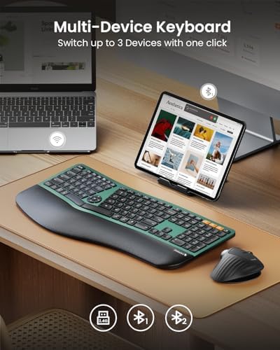 ProtoArc EK01 Plus Backlit Bluetooth Ergonomic Keyboard, Full Size, Green