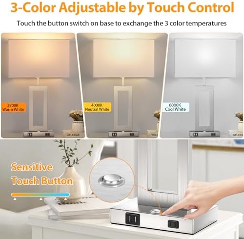 Table Lamps for Bedrooms Set of 2, 27.2’’ Tall Modern Silver Lamps for Living Room Nightstand, Touch Control Bedside Lamps with 2 USB Ports&AC Outlet, Stepless Dimming, 3 Color Temp. Bulbs Covered