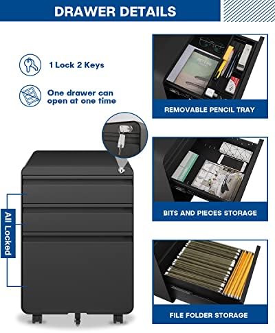 Dripex 3 Drawer Metal Rolling File Cabinet Under Desk Filing Cabinet Black