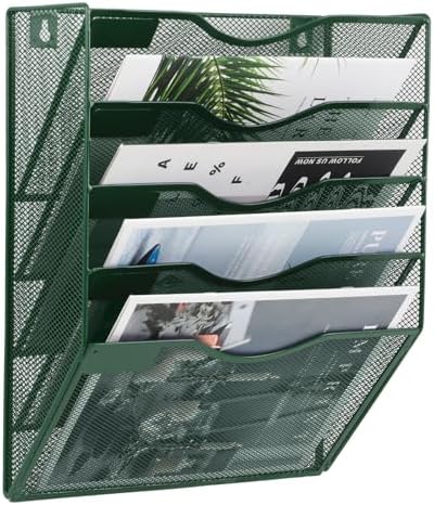 EASEPRES 5 Pocket Mesh Hanging File Organizer, Wall Mounted Mail Paper Document Folder Holder, Clipboard Storage Organization Magazine Rack with Nametag Label for Office Home School, Dark Green