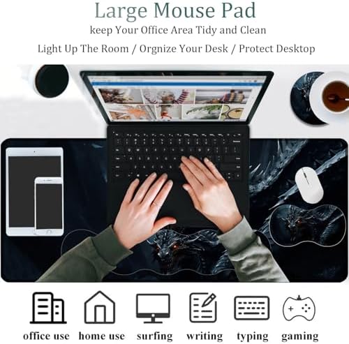 4 in 1 Mouse Pad Combo, Large Gaming Mouse Pad + Keyboard Wrist Support + Mouse Wrist Rest + Coaster, Table Pad 31.5 "x 11.8" with Memory Foam Ergonomic Wrist Pad Set, Cool Dark Dragon